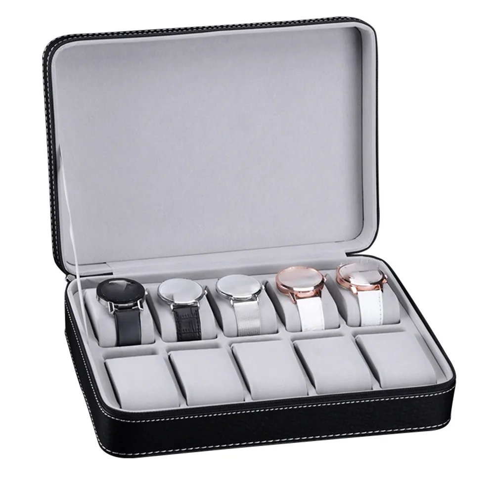 

Case Packaging Watch Storage Box 10 Grids PU Leather Zipper Closure Protective Display Gift Counter Portable Organizer Jewelry