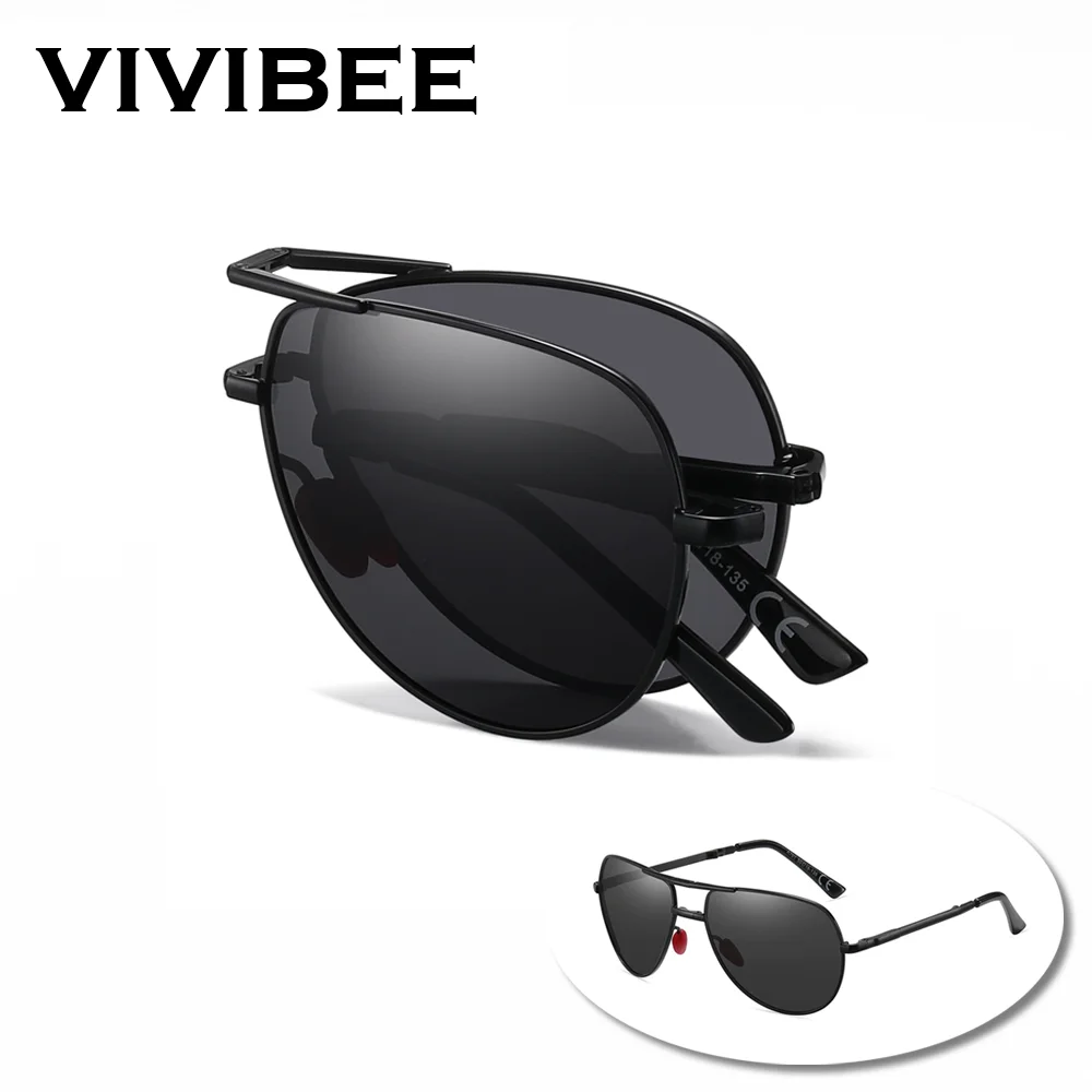 Фото VIVIBEE Metal Pilot черные складные солнцезащитные очки поляризационные мужские титановые оттенки женские авиационные UV400 дизайнерские солнцезащитные очки с футляром №1