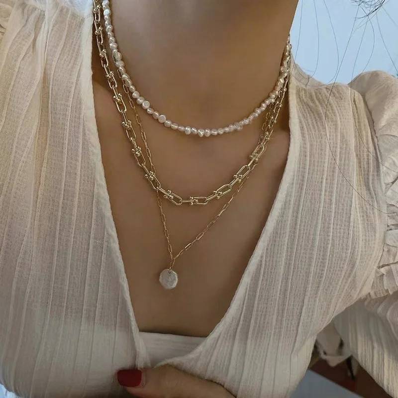 

French Vintage Three Layered Freshwater Pearl Necklaces Gold Color Linked Chain Chokers Necklace for Women Minimalist Jewelry