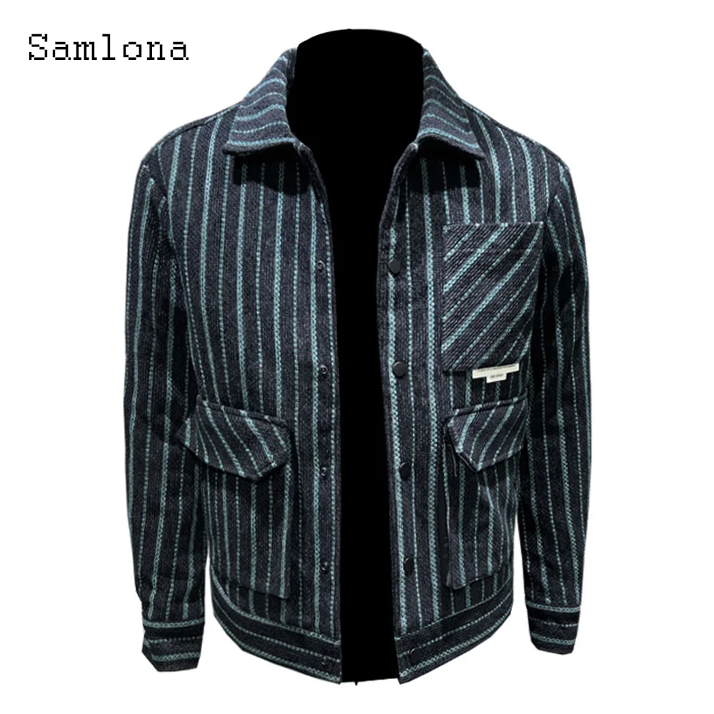 Plus Size 4xl Men Cotton Coats Winter Fleece Jackets Kpop Young Fashion Stripes Denim Jacket 2023 Single Breasted Tops Outerwear