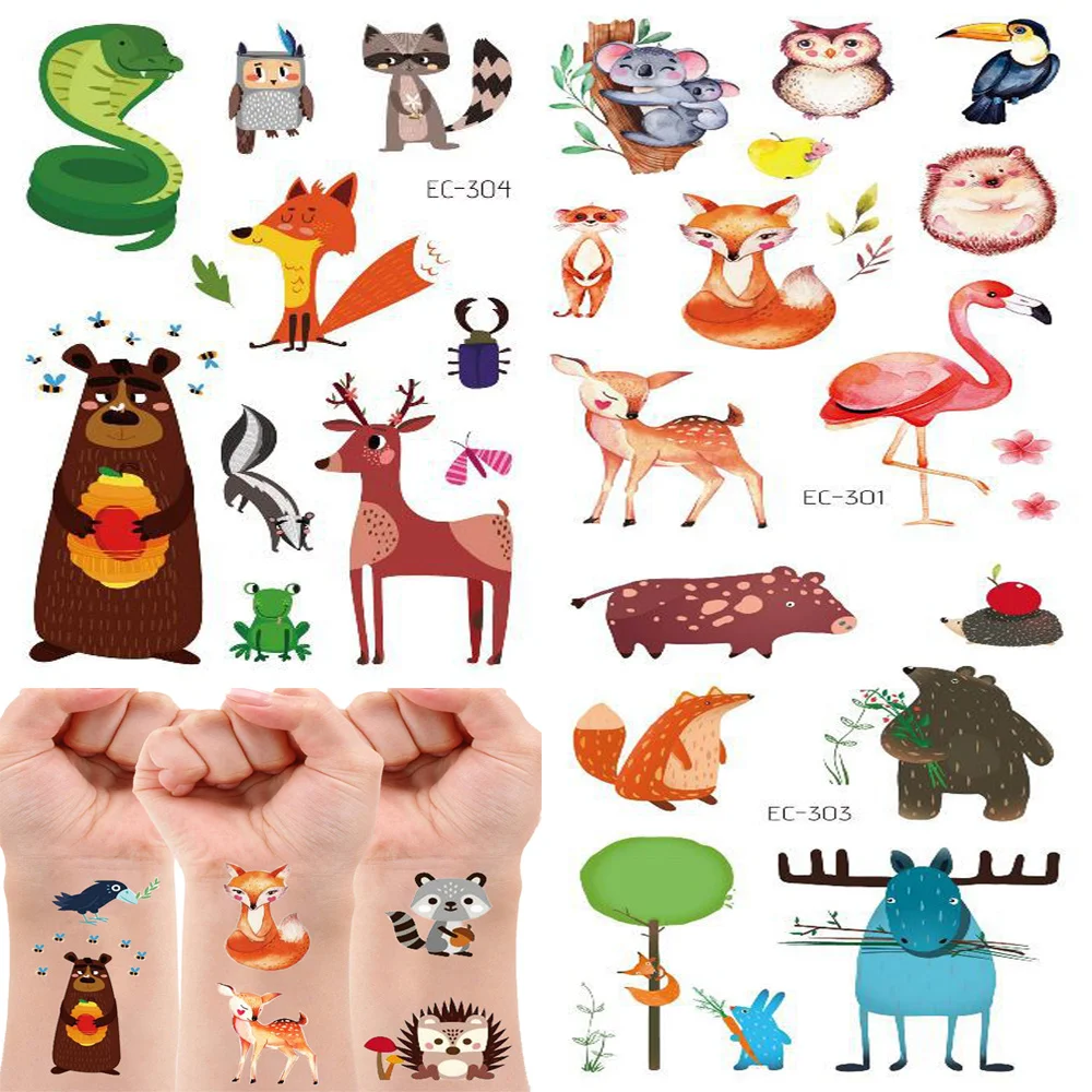 

120x75mm Woodland Animals Cartoon Temporary Tattoos Kids Girls & Boys Birthday Party Favor Gift Supply Bear Fox Hedgehog