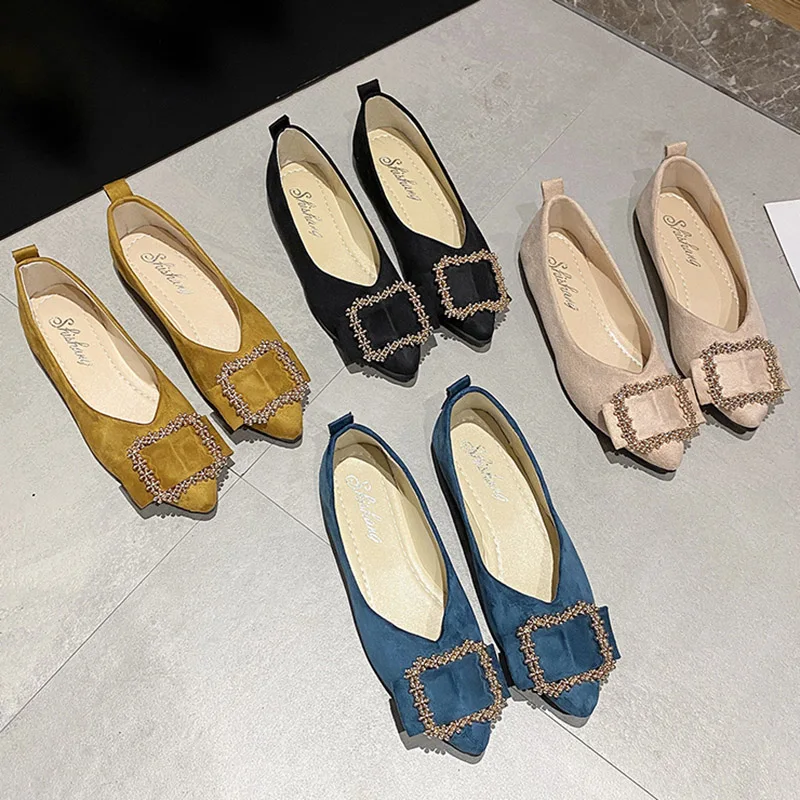 

Plus Size35-43 Women's Flats Pointed Toe Slip on Shoes Women Boat Shoes Square Button Flats Yellow Black zapatos de mujer