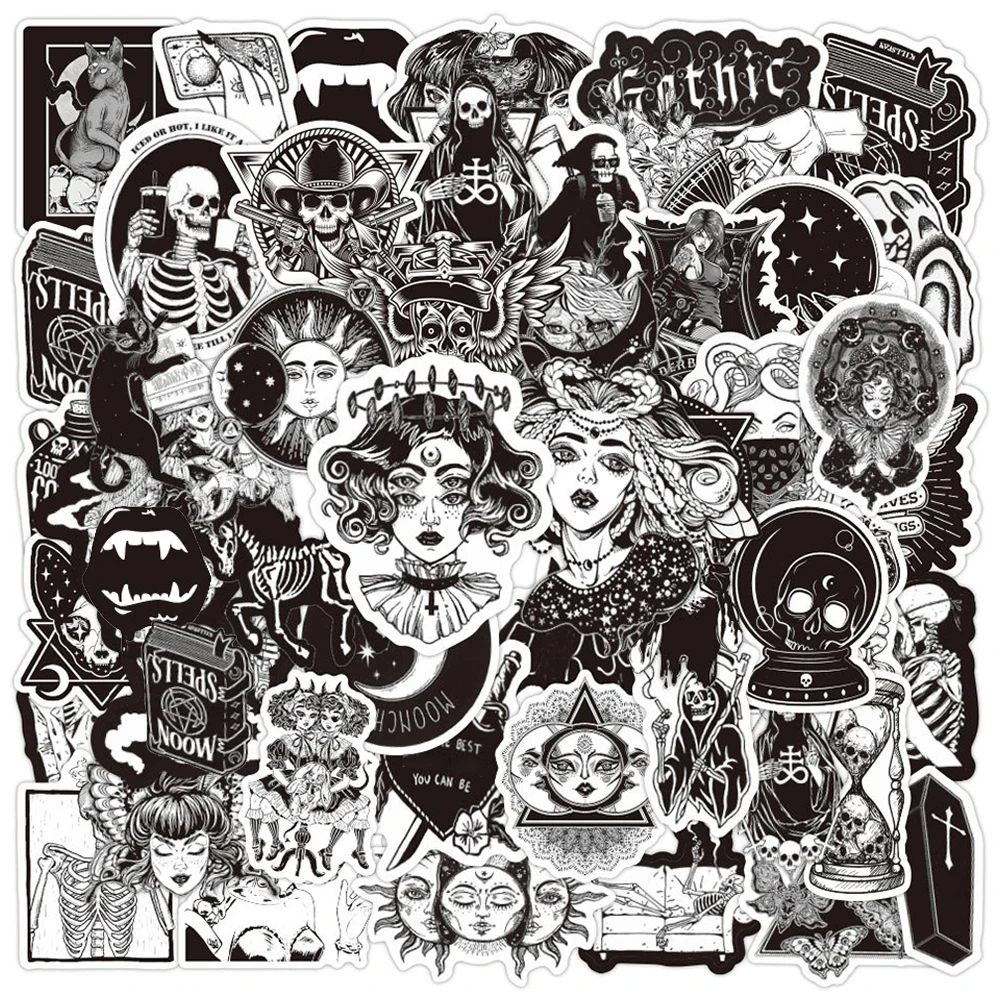Стикеры черно-белые водостойкие в готическом стиле 10/30/50 шт.