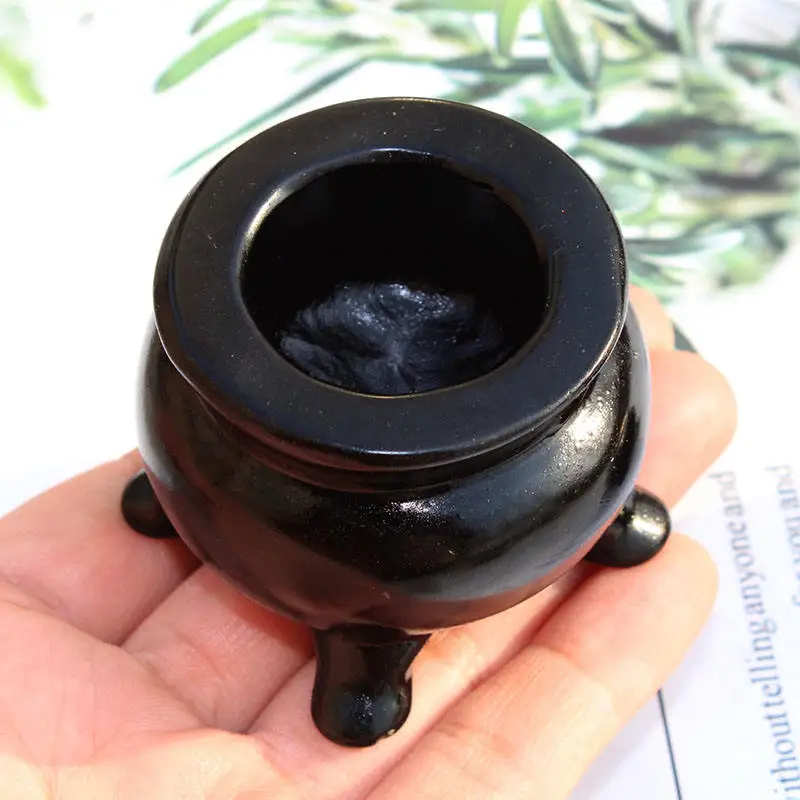Hand Carved Natural Black Obsidian Crystal Small Witch Censer Cauldron Carving For Halloween Decoration images - 6