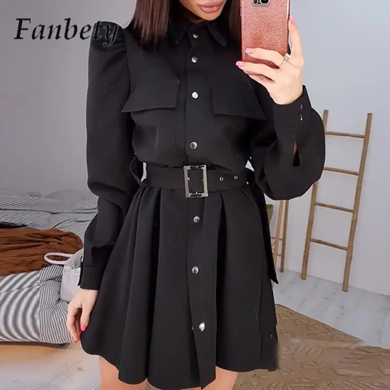 

Осеннее повседневное однотонное мини-платье с карманами, женское Элегантное однобортное платье с поясом, стильное новое платье с лацканами и пышными рукавами