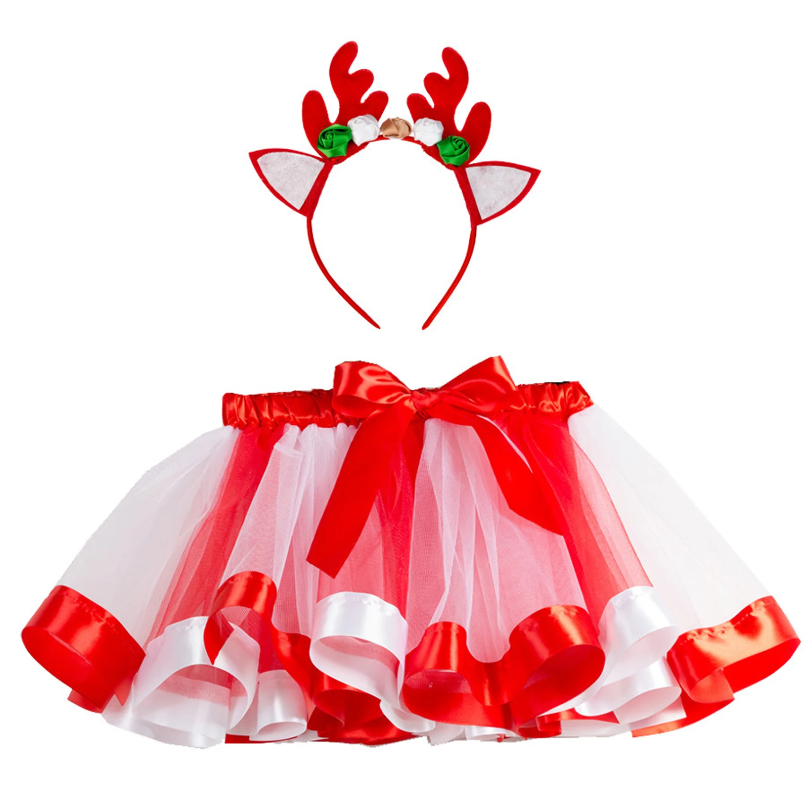 

Kids Girls Christmas Skirt Outfit Elk Horns Headwear and Elastic Tull Tutu Skirts Suit Santa Claus Xmas Party Cospaly Costume