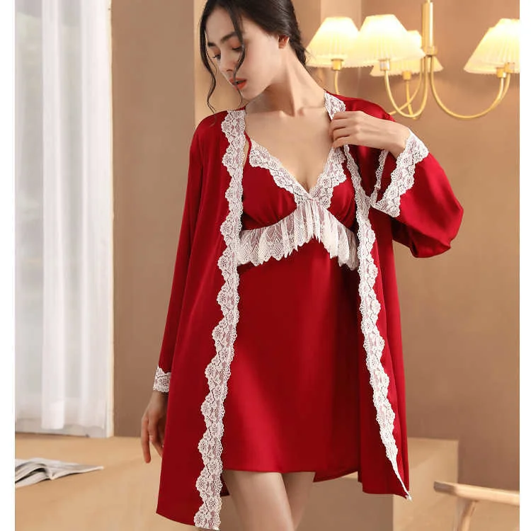 

Новинка Женская пижама кружевная Домашняя одежда сексуальный шелковый халат на бретельках Шелковый костюм юката летняя тонкая ночная руба...