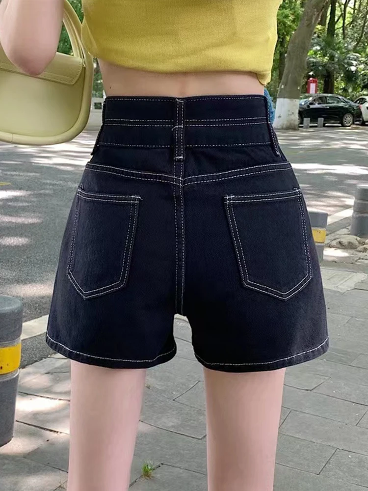Streetwear Women High Waist Loose Black Denim Shorts Spring Summer Female Button Wide Leg Jeans Shorts Bottoms