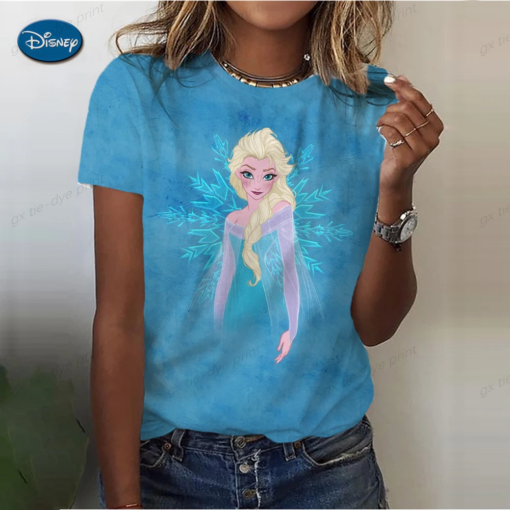 Disney Princess Frozen Print T Shirt Women Summer Casual Tshirts Tees Harajuku Korean Style Graphic Tops Kawaii Female T-shirt