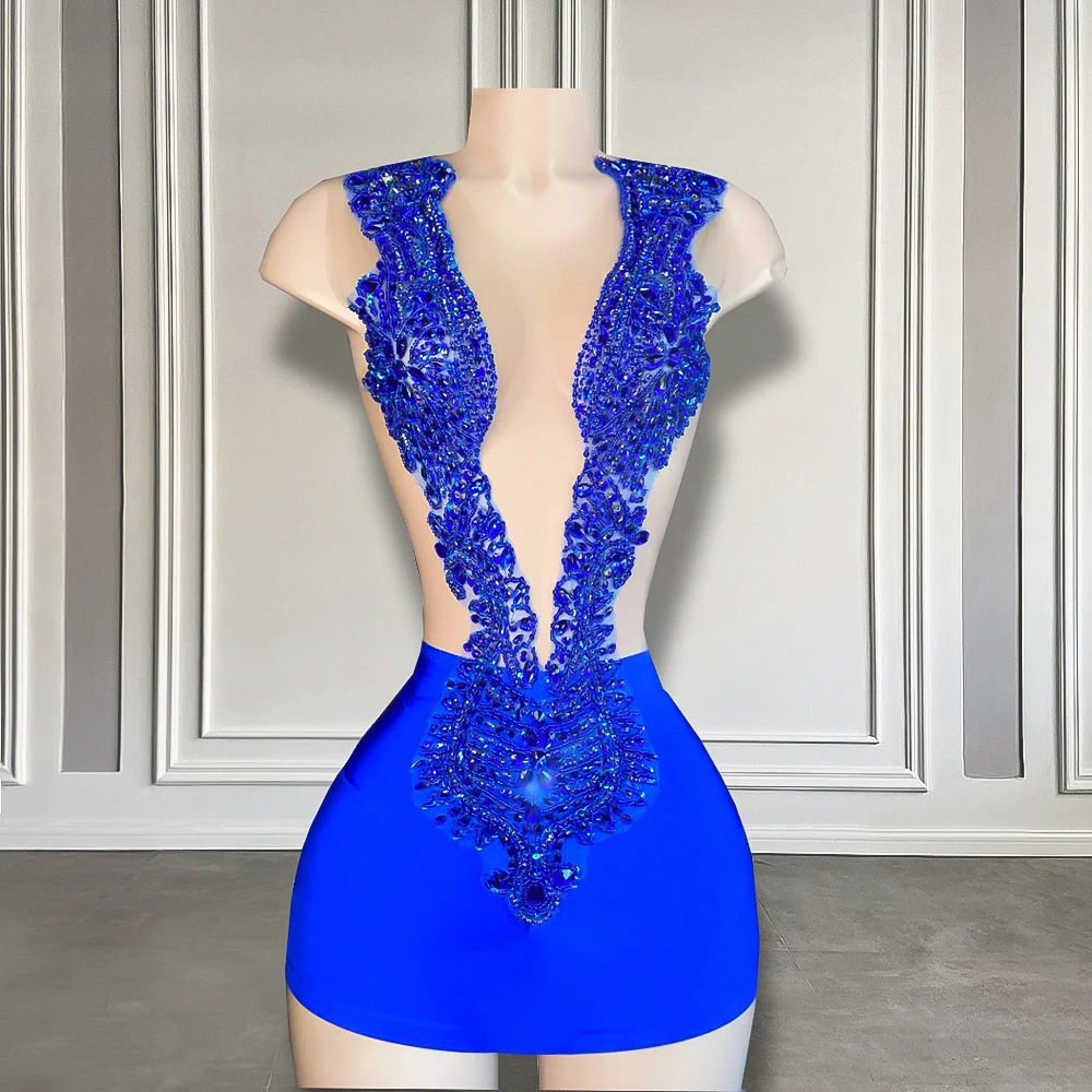 

Блестящие Женские коктейльные Формальные платья ручной работы со стразами и кристаллами Королевского синего цвета из спандекса черные женские короткие платья для выпускного вечера 2023