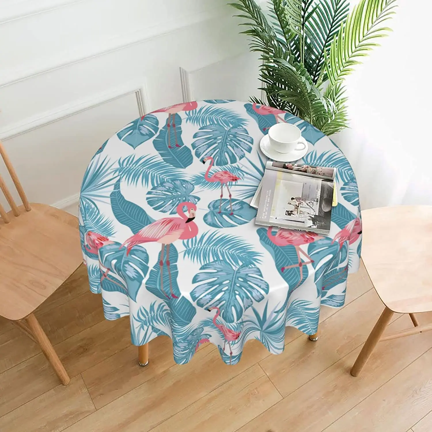 

Flamingo Tropical Palm Leaf Round Table Cover Polyester Stain and Wrinkle Resistant Table Cloth for Kitchen Dining Coffee Party