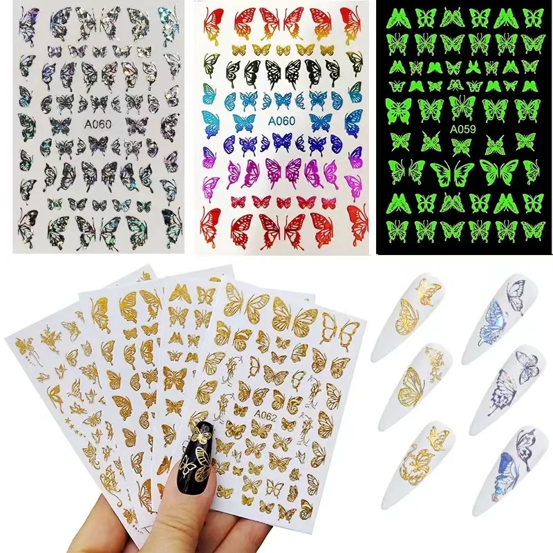 

1PCS Laser Butterfly Nail Stickers 3D Self-adhesive Nail Art Glow Sticker DlY Lasting Press On Nails Nail Art Decorations Decals