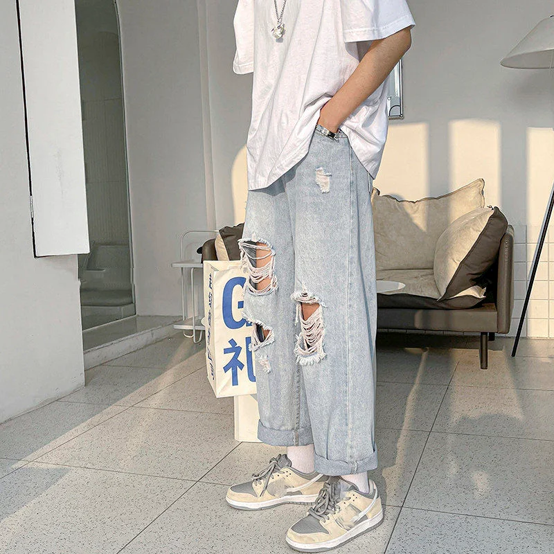 Light Blue Hole Jeans for Men Summer Fashion Casual Trousers Thin Loose Pants Bottoms Vintage Male Cloting Streetwear Plus Size