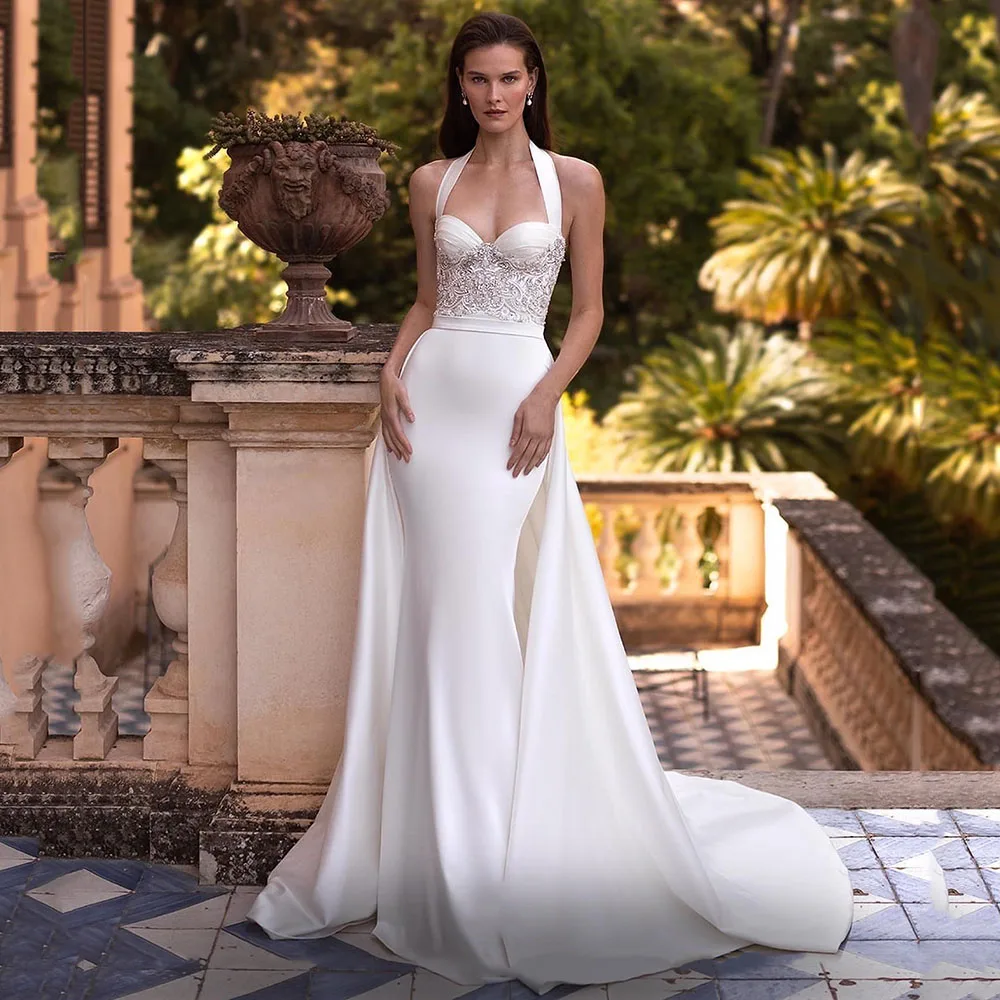 

Новейшие сексуальные трикотажные Свадебные платья с бретелькой через шею, Блестками, Бисером, съемным шлейфом, свадебное платье, платье для невесты