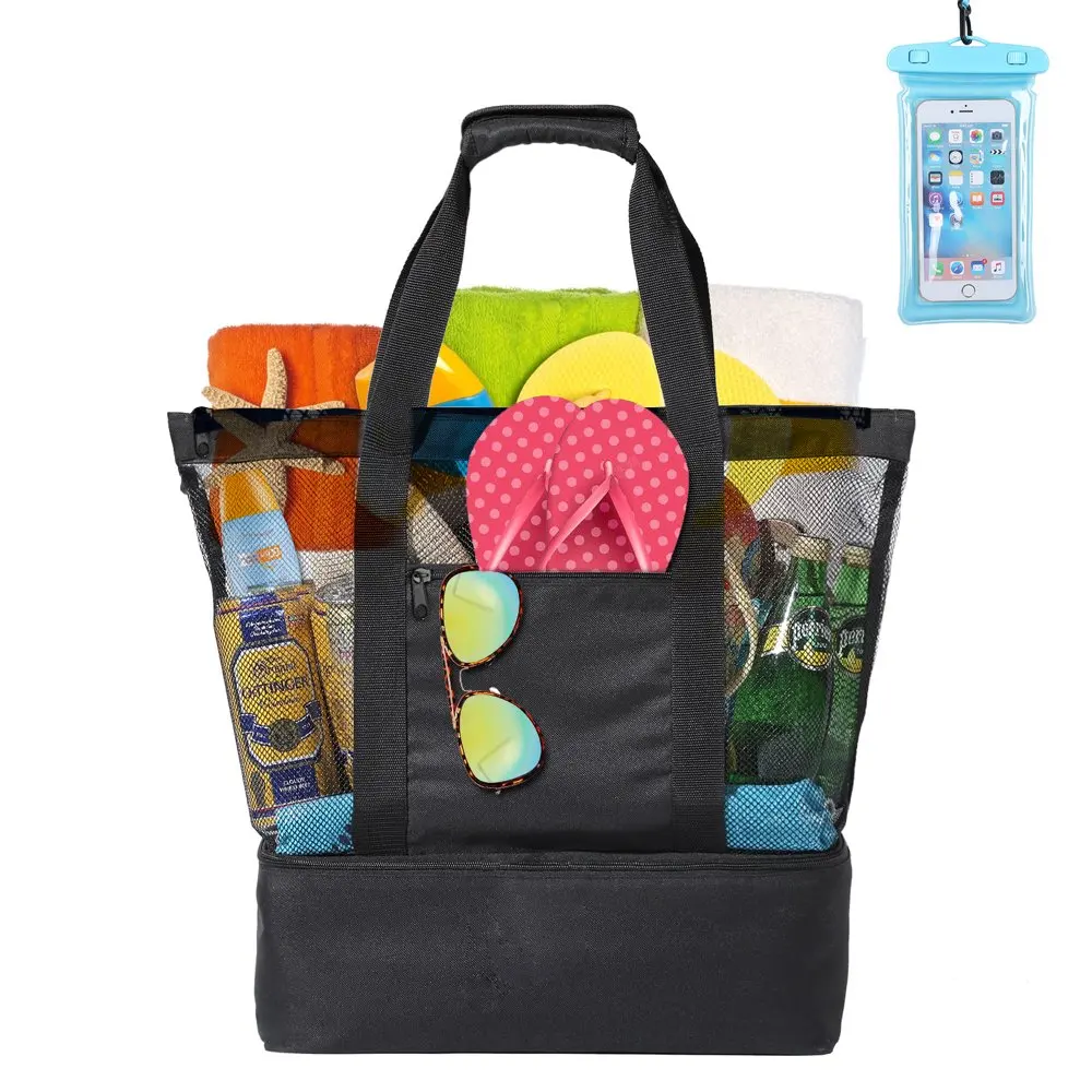 

Beach Tote Bag for Women Black Large Mesh Beach Bag with Cooler for Beach Pool Outdoor Travel Daily