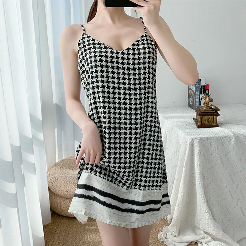 YFTNH Women Night Dress Summer Plaid Sleeveless Sleepwear Suspender Skirt Nightgown Mini Dresses Fashion Ladies Homewear