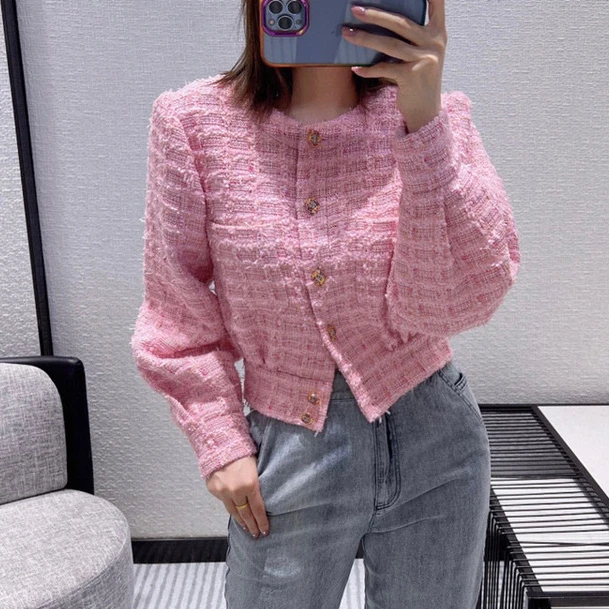 

Женское твидовое пальто в клетку, розовое короткое пальто с рукавами-фонариками и круглым вырезом, весна-осень 2022