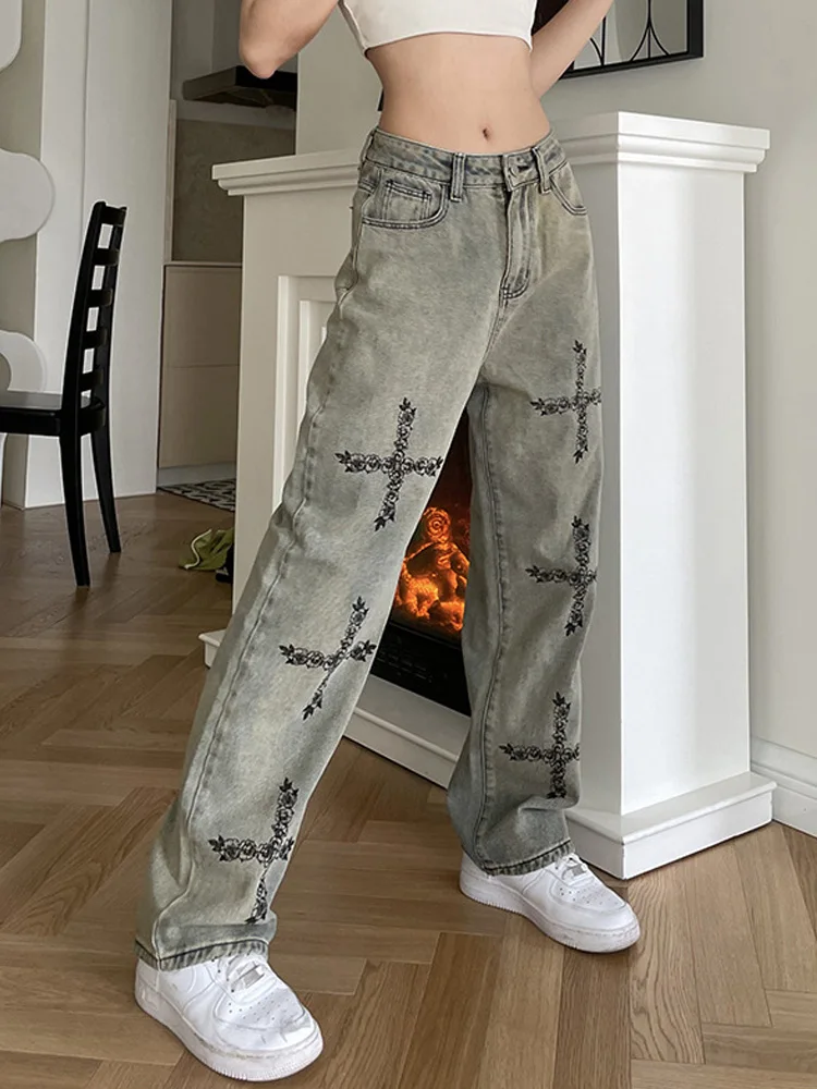 

Повседневные прямые мешковатые бледно-голубые джинсы для женщин, уличная одежда, брюки с низкой талией, с соединением на молнии, винтажный п...