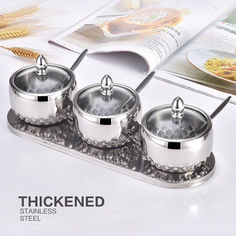 

2022 Creative Stainless Steel Seasoning Jar Seasoning Box With Spoon Glass Lid Seasoning Bottle Combination Set Kitchen Supplies
