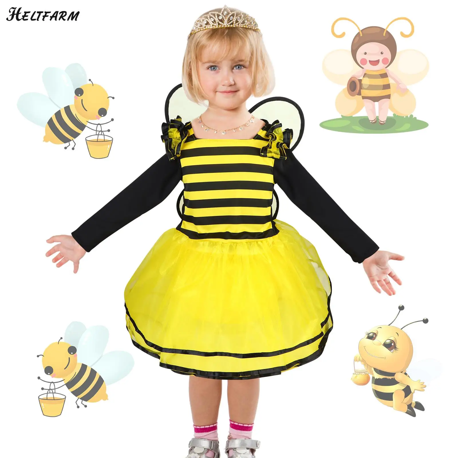 

Bee Costumes Set Kids Girls Cute Party Fancy Dress Halloween Costumes Cosplay Wings+Skirts Holiday Stage Wear