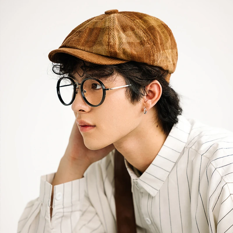 

Corduroy Octagonal Newsboy Hats Spring and Autumn Big Head Around England Forward Men's Cap Brown Japanese Plaid Berets Women