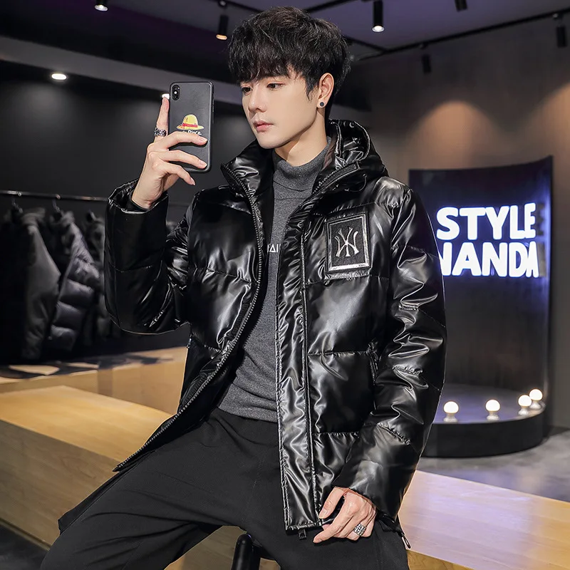 New Winter Shiny Leather jacket Men's Thick Warm Winter Jacket Casual Parka Waterproof Stand-up Collar Hooded Jacket Streetwear