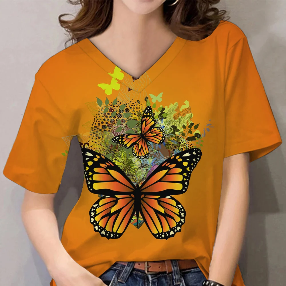 

2023 Summer T Shirt Women Short Sleeve V-neck Butterfly Print Tops Casual Streetwear Loose Ladies Shirt Tees Girl Y2k Clothing