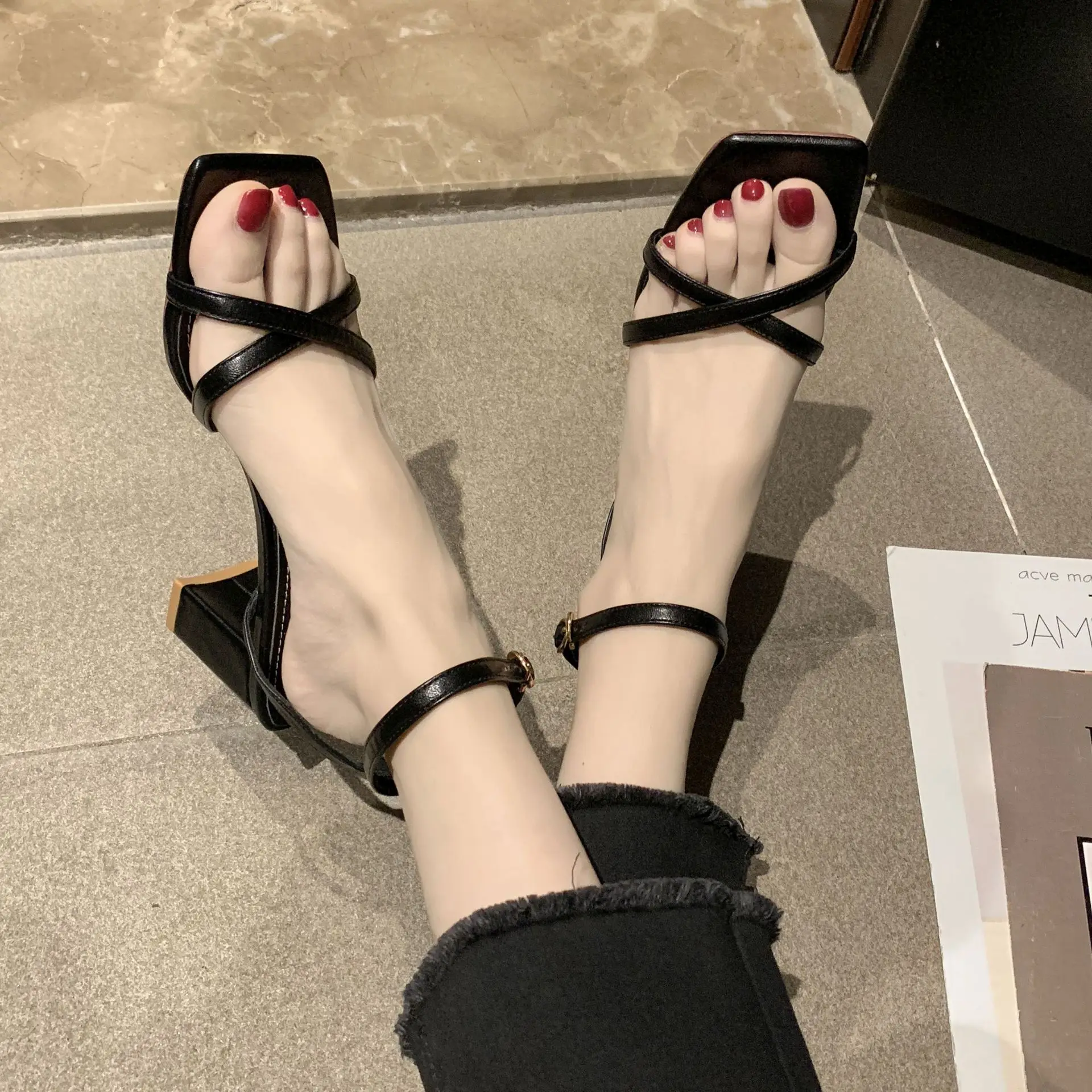 

Summer Fashion Office Ladies Party Dress Sexy Lsquare-toed Shoes Women's Thin Mid Kitten Heels Sandals