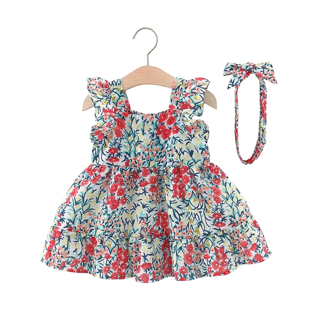 

Baby Dress Lovely Summer Infant Ruffles Short Sleeve Allover Floral Print Kids Girl Dress With Headband Toddler Outfits Vestido