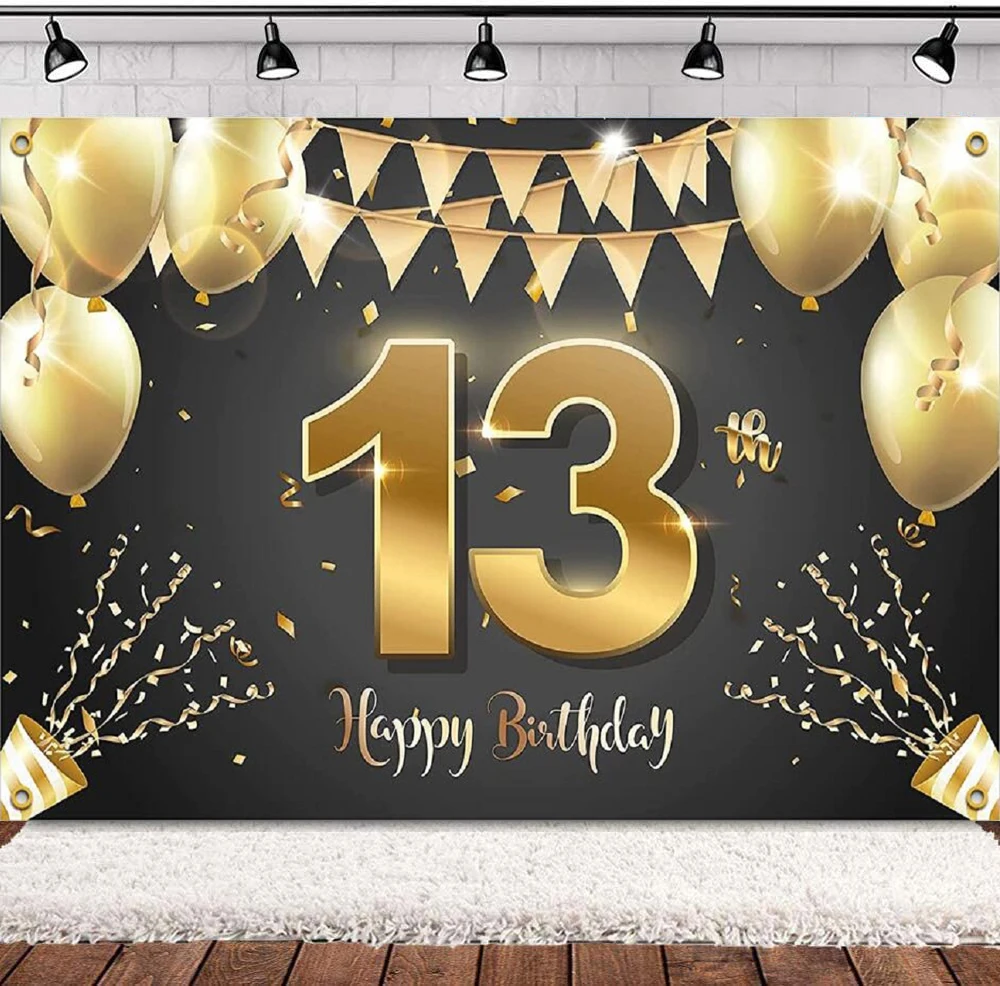 

Photography Backdrop Happy 13 Years Old 13th Birthday Decoration Party Supplies Banner Girls Boys - Black Gold Balloon Poster