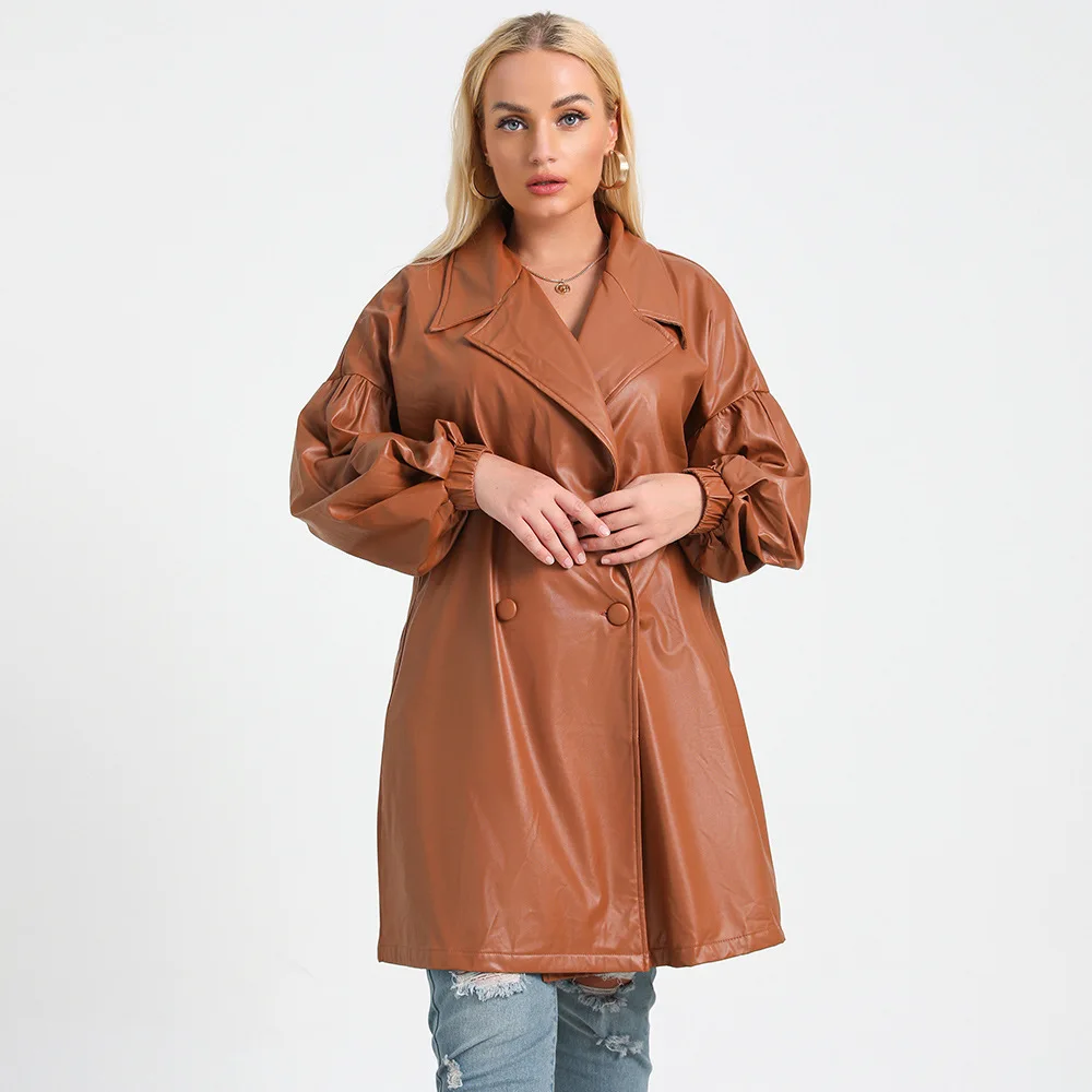 

Длинные кожаные куртки для женщин, коричневая верхняя одежда с V-образным вырезом и длинным рукавом, пальто для осени и зимы, модная женская одежда, уличный тренд