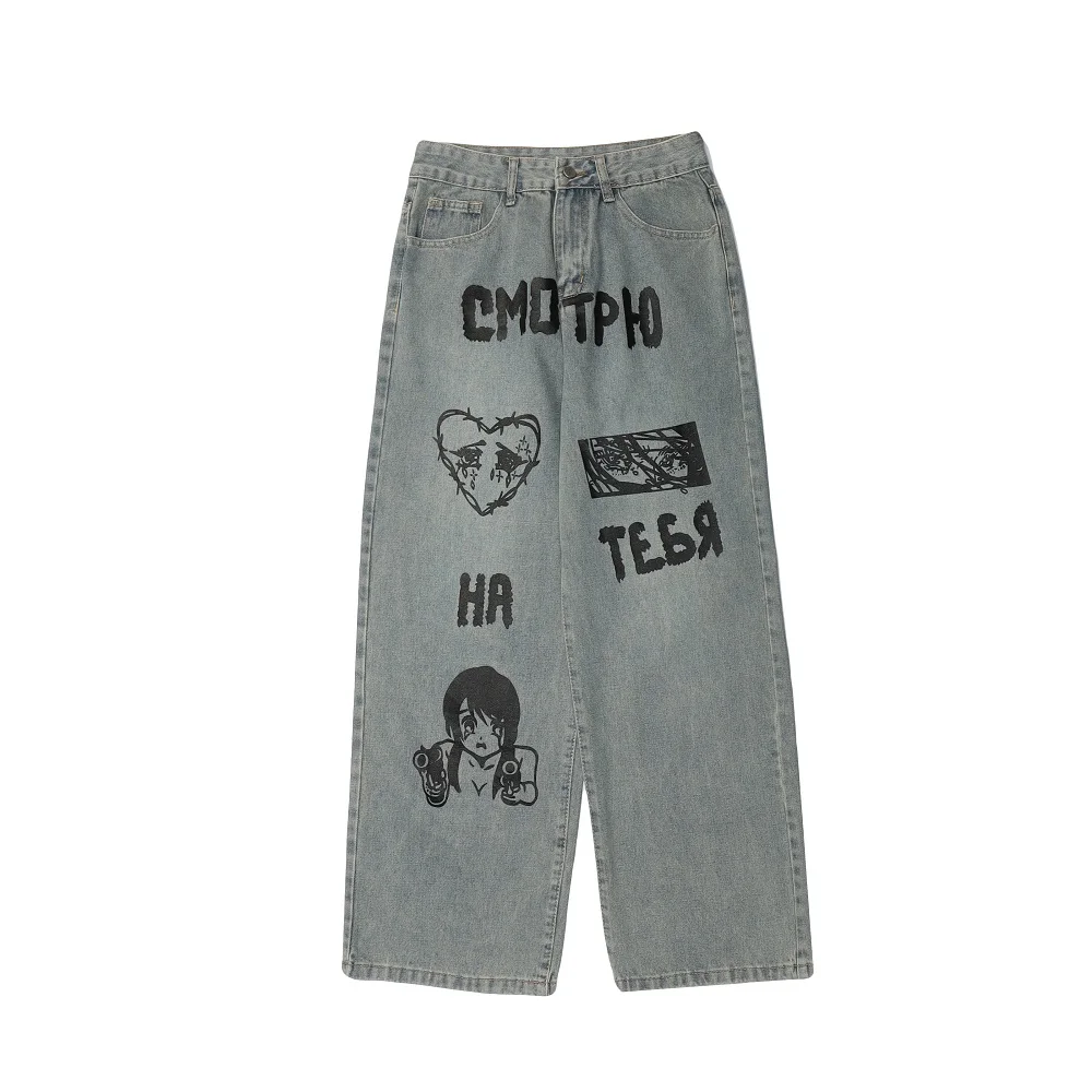 

UNCLEDONJM Anime Cartoon printed jeans men's Harajuku baggy jeans street trend trousers denim jeans for men