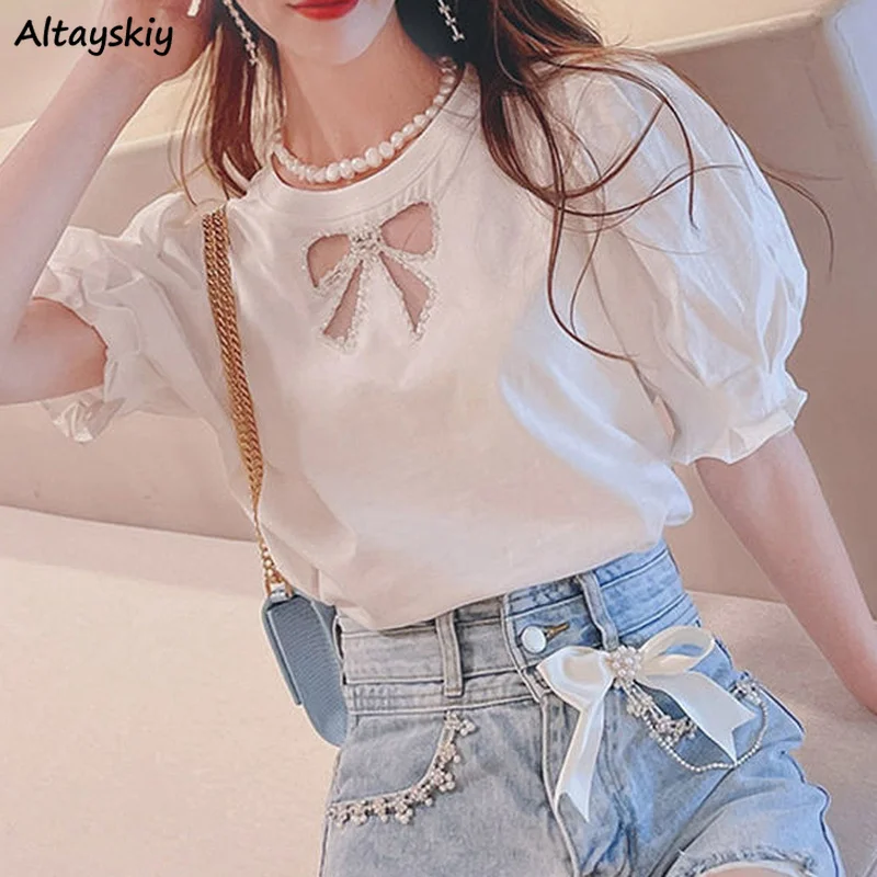 

Футболка женская с пышными рукавами, ажурный модный пикантный Универсальный однотонный базовый Повседневный популярный в Корейском стиле ...