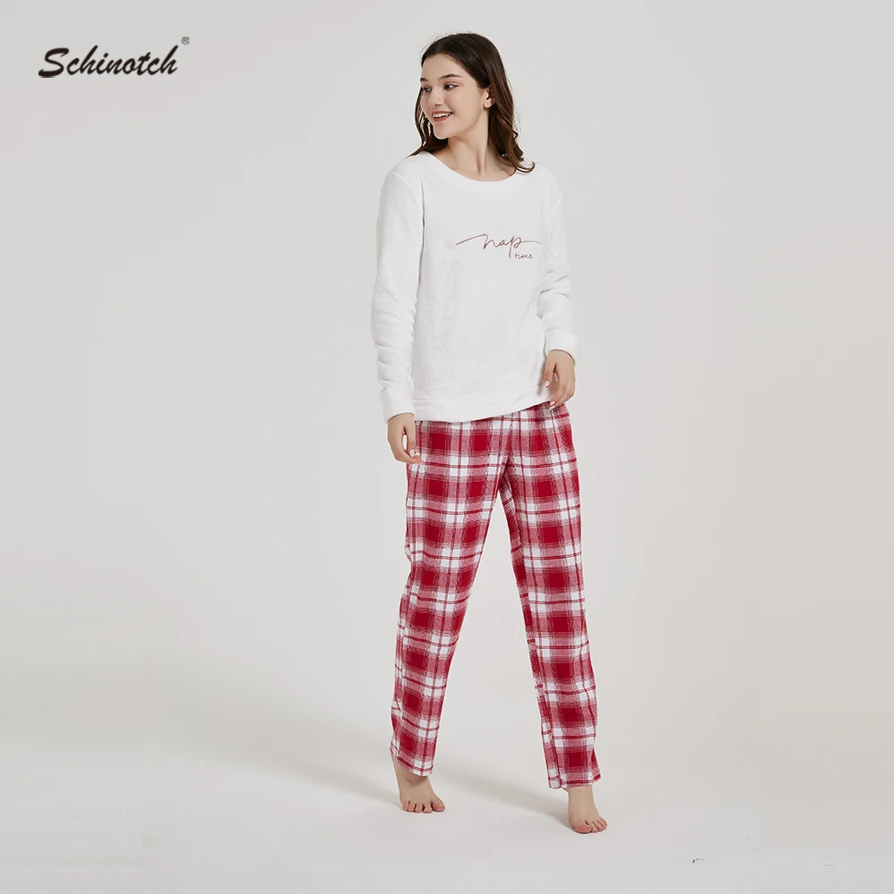 Women Pajamas Set Autumn Winter Warm Coral Fleece Top and Plaid Cotton Brushed Pants Nightwear Loungewear Ladies Sleeping Pants