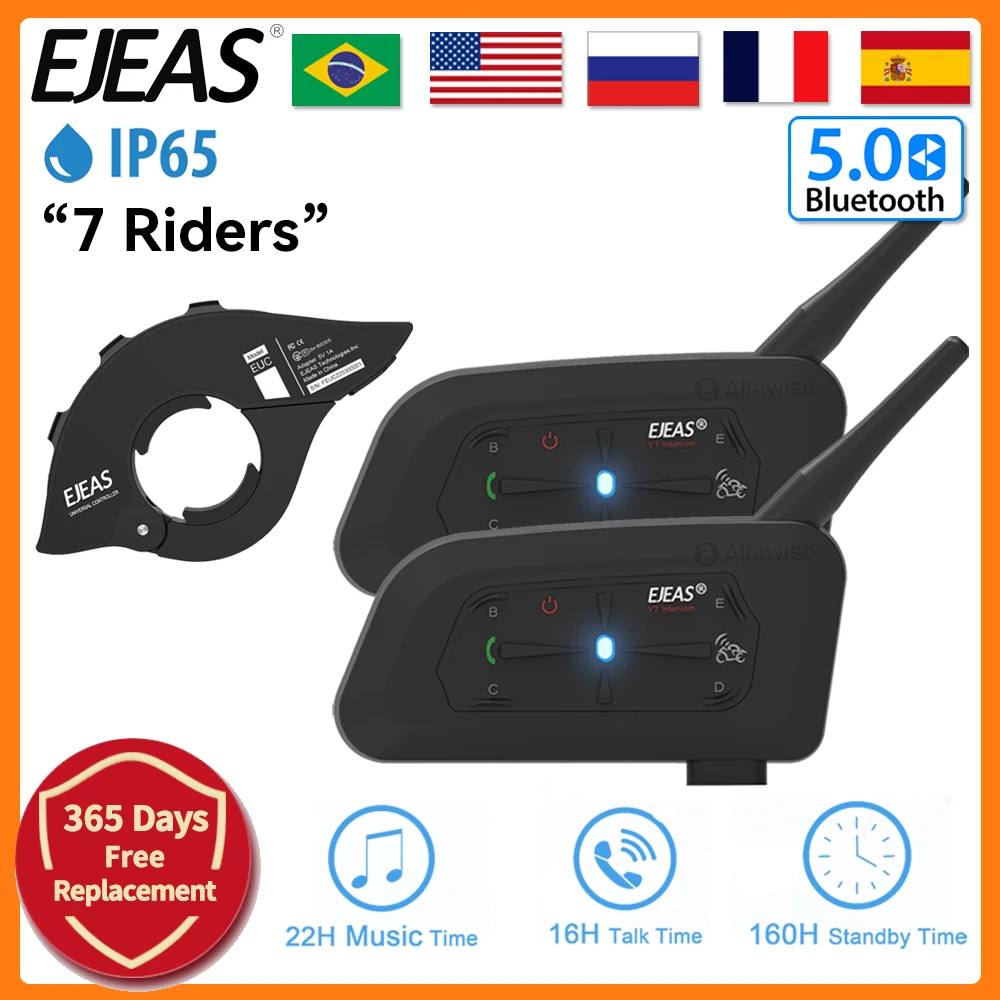 

EJEAS V7 Motorcycle Helmet Intercom Bluetooth Headset Handlebar Grip Interphone Full Duplex Communicator for 7 Riders Waterproof