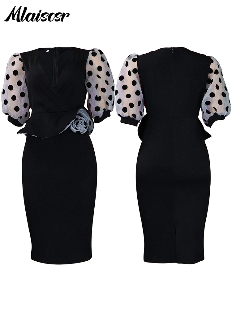 Mlaiscsr женское платье с v-образным вырезом и коротким рукавом в горошек черное