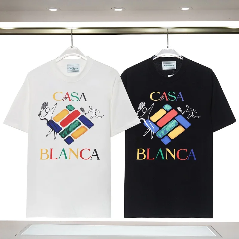 

2023 New Casablanca Tennis Color Letters Logo Print T-shirt Couple Top Short Sleeve Cotton T Shirt Harajuku Pro Choice T Shirt