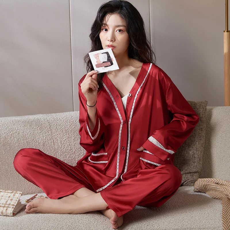 Pajamas Women's Spring and Autumn New Long Sleeve Ice Silk Thin Outer Wear Red for Women Suit Wedding Set Spring and Summer Home