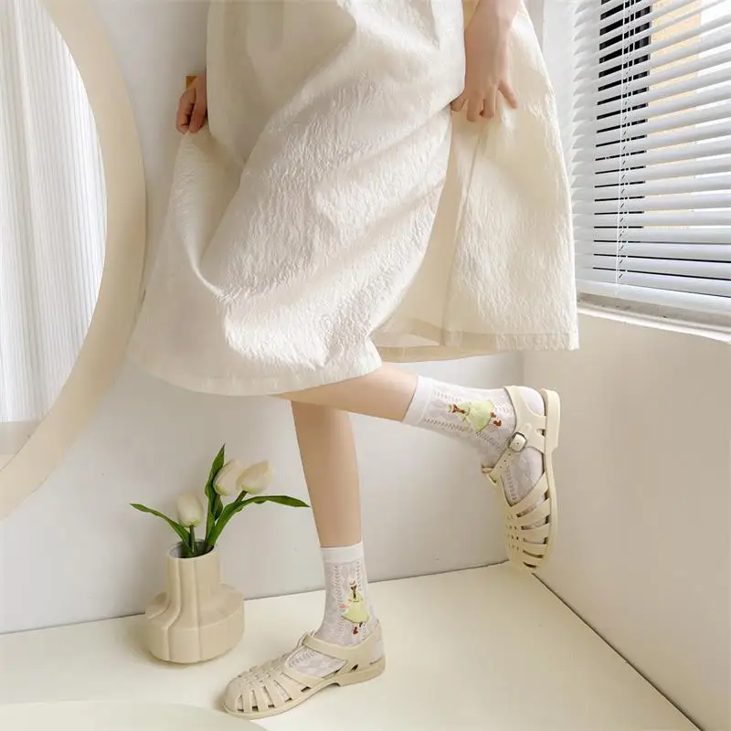 White Mesh Thin Cotton Socks Korean Style ins Trend Cute Japanese Hollow Mid-calf Socks for Women