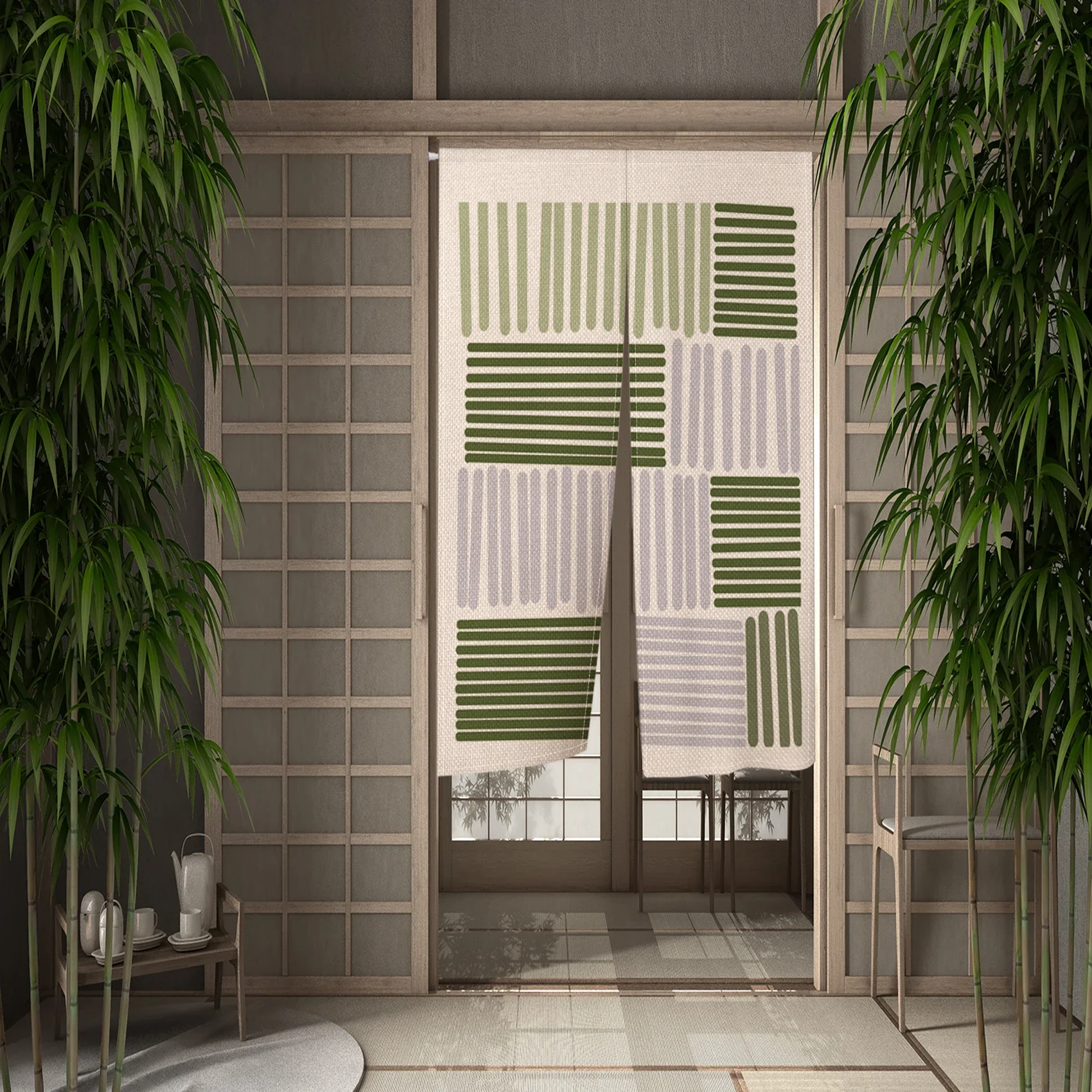 Простые японские дверные занавески с зелеными линиями Короткие непрозрачные