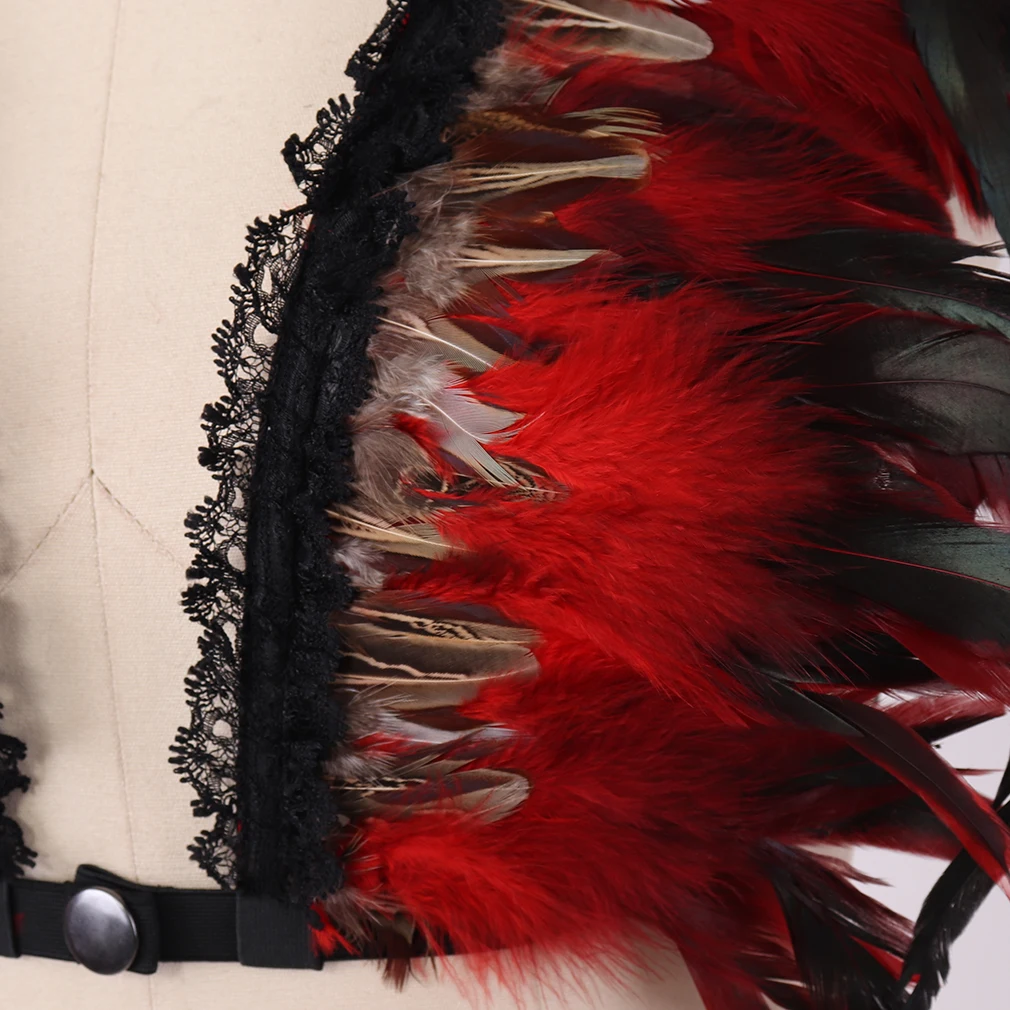Red Natural Feather Shrug Shawl Shoulder Cape Gothic Collar Plus Size Ties Cosplay Costume Party Body Cage Harness Bra Belt