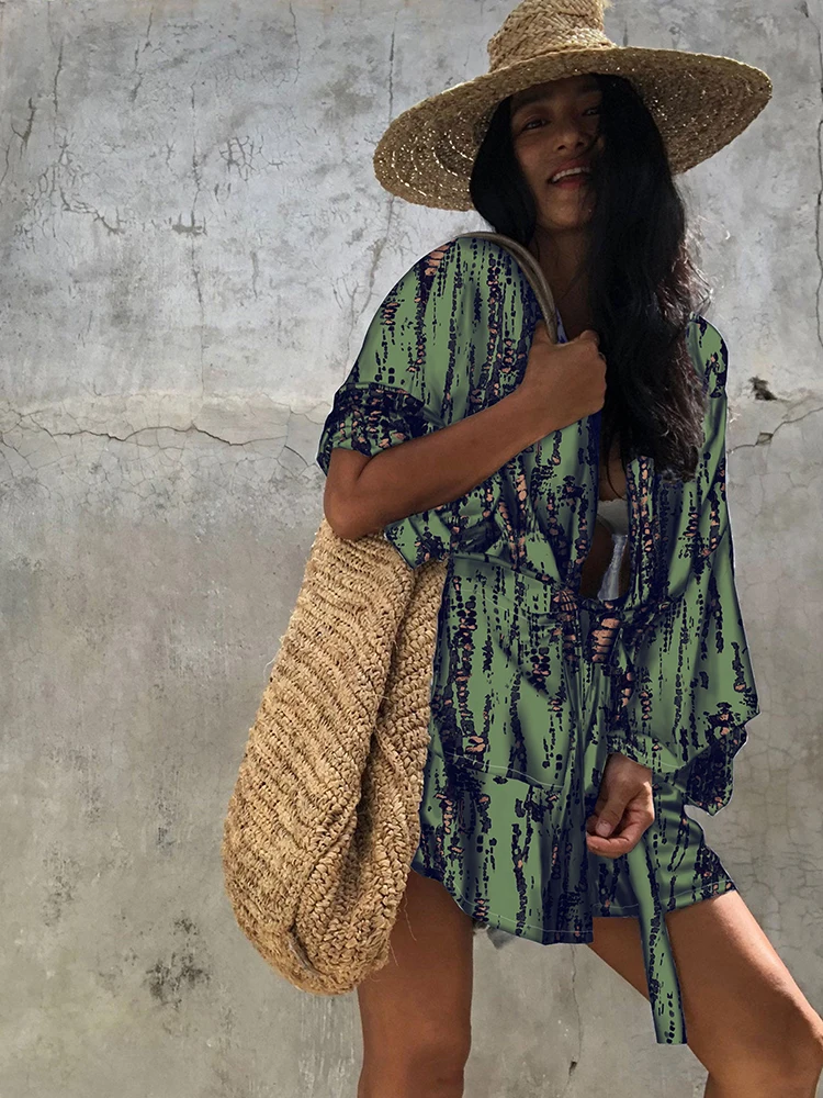 

Модное пляжное кимоно с окрашенным ореолом, накидки, купальник с принтом в богемном стиле, винтажная одежда для прогулок с поясом, Новинка л...