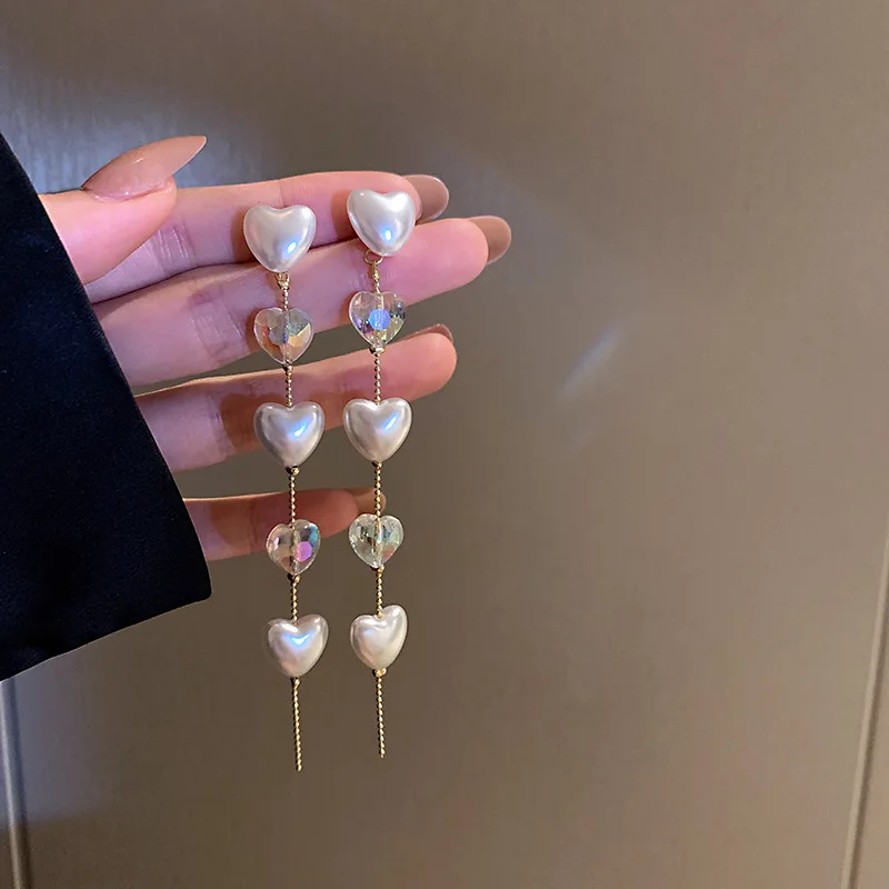 925 Silver Needle Crystal Pearl Bead Tassel Earrings Temperament Long Super Fairy Fashion Light Luxury Wholesa