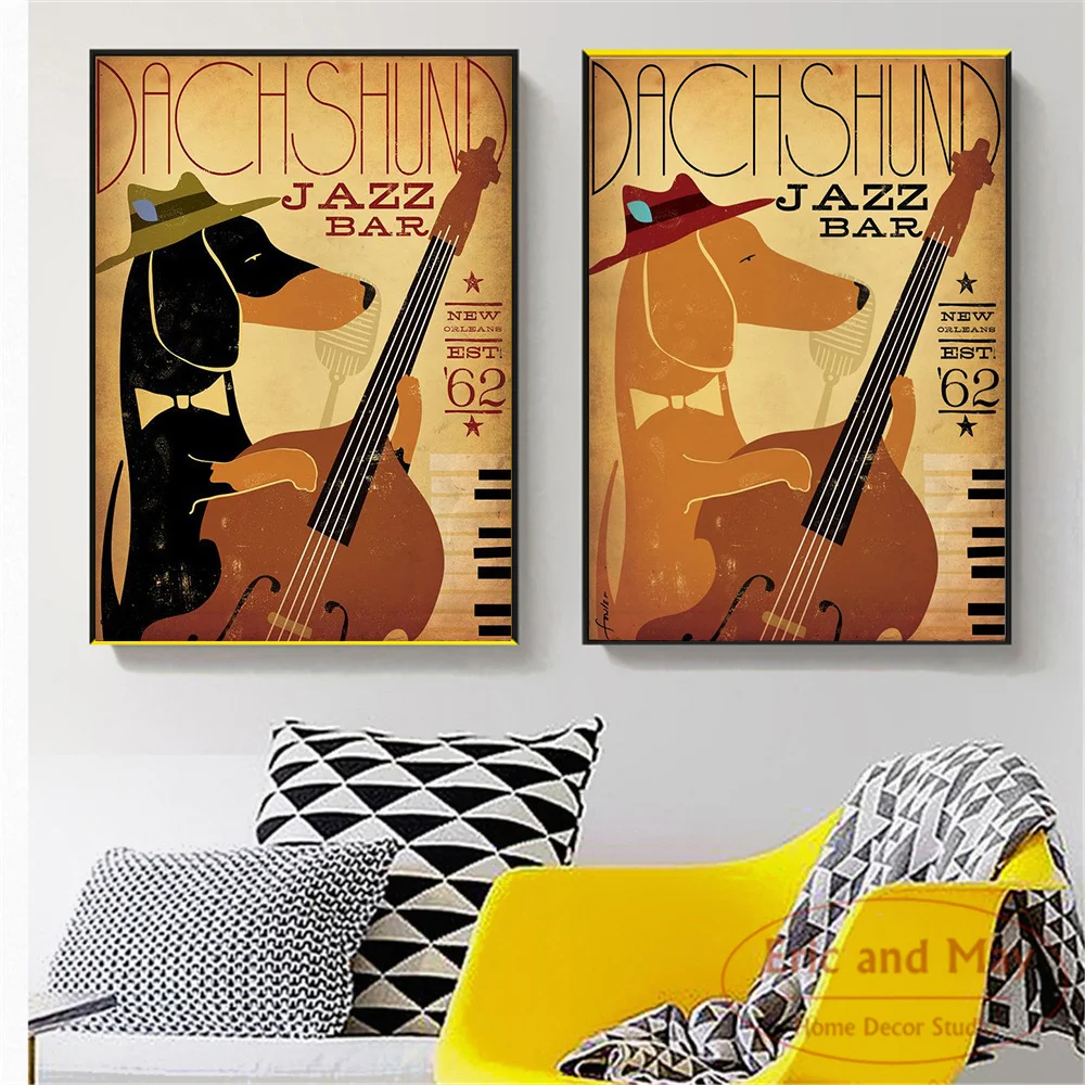 

Art Retro Music Dog Funny Animals Dachshund Jazz Bar Canvas Painting Posters And Prints Wall Pictures For Living Room