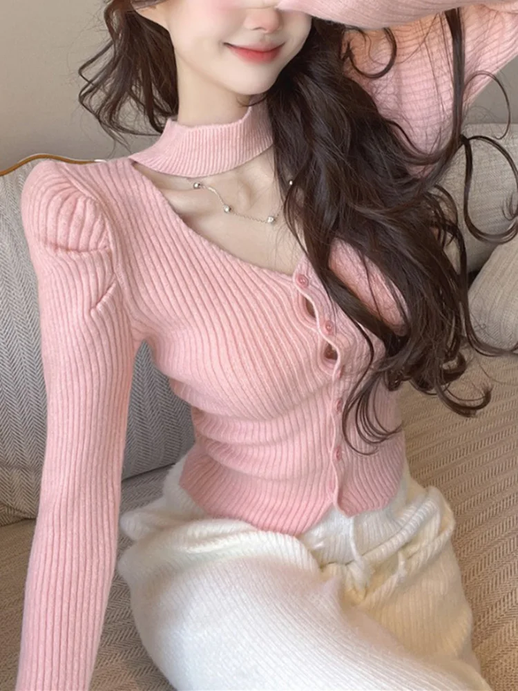 

Женский трикотажный кардиган на пуговицах, эстетичная зимняя кофта с длинным рукавом 2000s Y2K, Корейская милая розовая куртка на бретелях, 2022