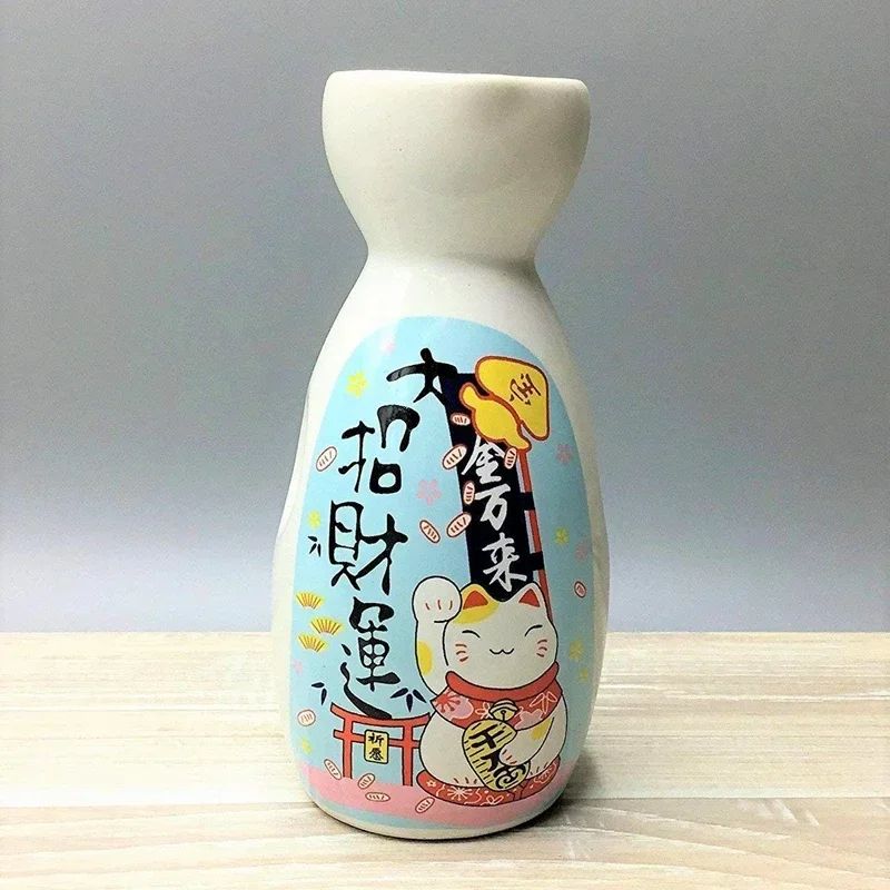 5-Piece Wine Set Japanese Maneki Neko Ceramic Sake (1 TOKKURI Bottle 200ml and 4 OCHOKO Cup) Lucky Cat Drinkware