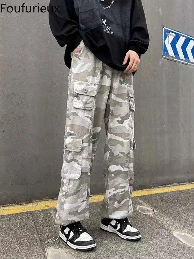 

Foufurieux Male Casual Baggy Trouser 2022 Men Loose High Waist Retro Overalls Streetwear Straight Pants Wide Leg Y2K Cargo Pant