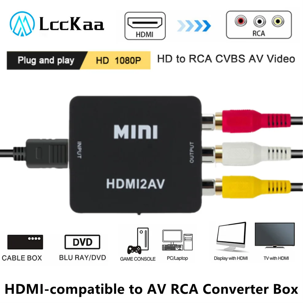 LccKaa HDMI-compatible to AV RCA CVSB L/R Video Converter Box HD 1080P Video HDMI-compatible AV Scaler Adapter Support NTSC PAL