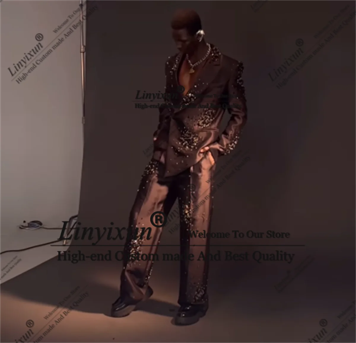 Фото Shiny Handsom Men Suits Luxury Beaded Crystal Wedding Groom Tuxedo 2 Pieces  disfraces Male Prom Blazers Slim trajes para hombre №4