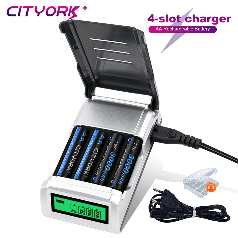 

CITYORK 4 Slots Smart LCD USB Battery Charger For 1.2V AA AAA Rechargeable Battery 1.2V 2A 3A NI-CD NI-MH Battery Charger